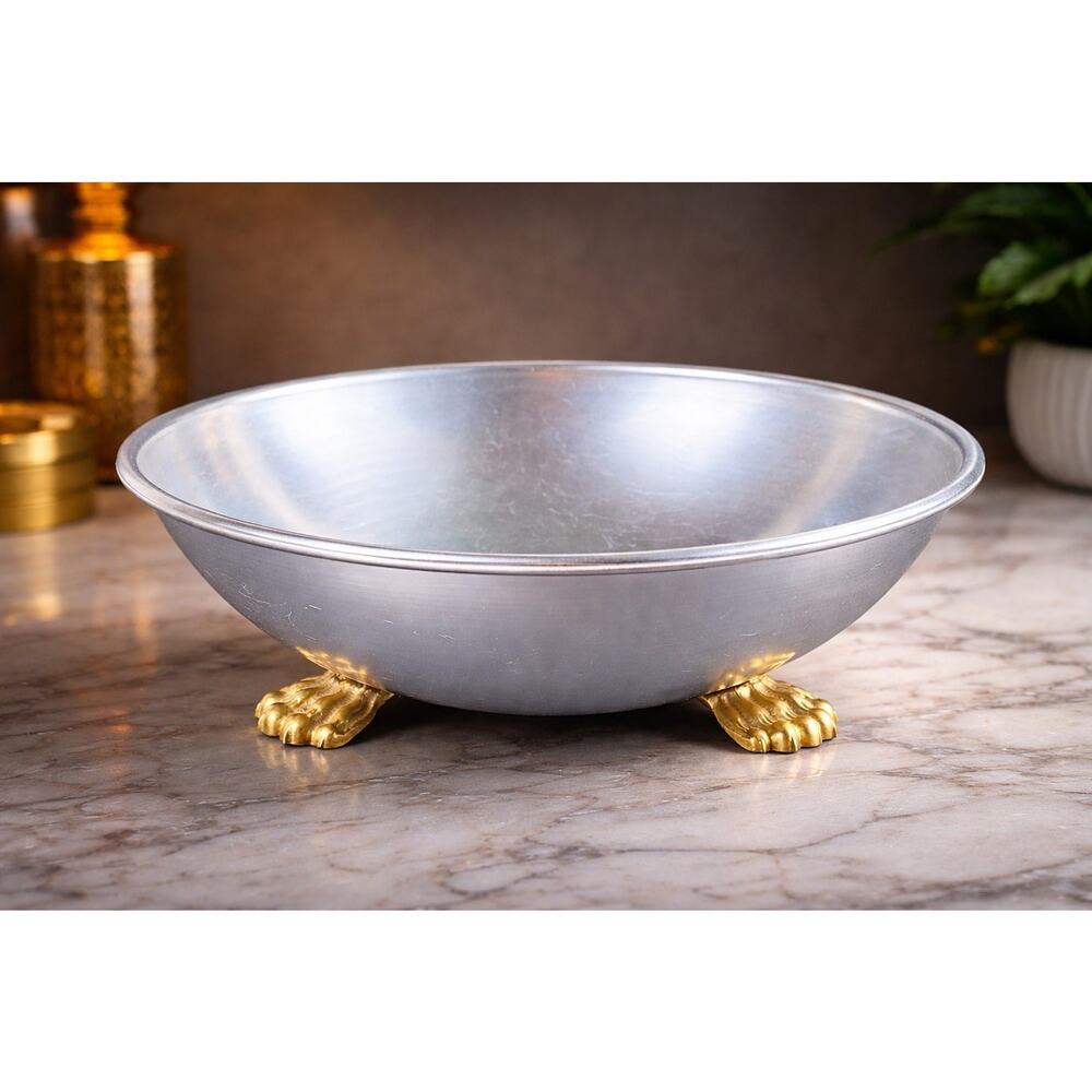 Vintage Italian Bowl Brass Claw Foot Lion Paw Base 12” Silver Centerpiece MCM